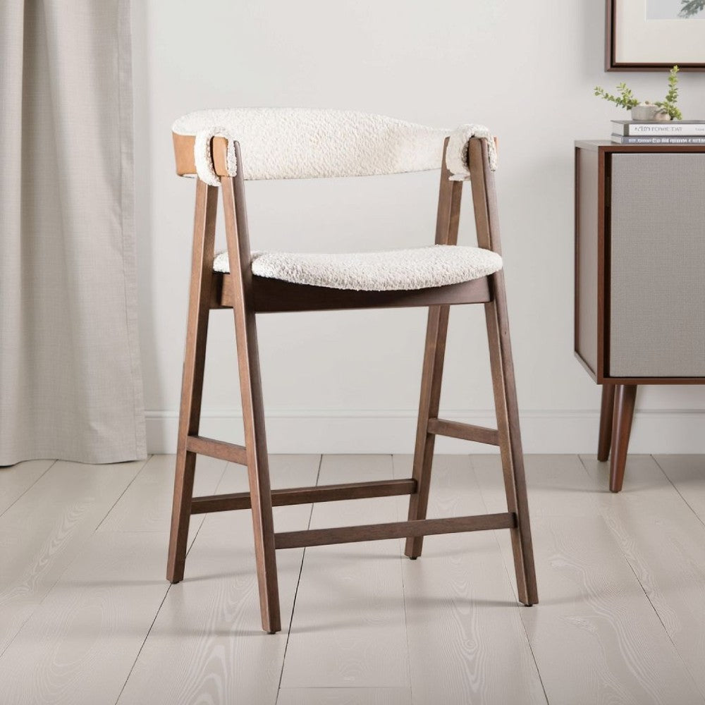 Benjara Ebik Counter Stool Chair Set of 2, Walnut Brown Wood, Beige Boucle