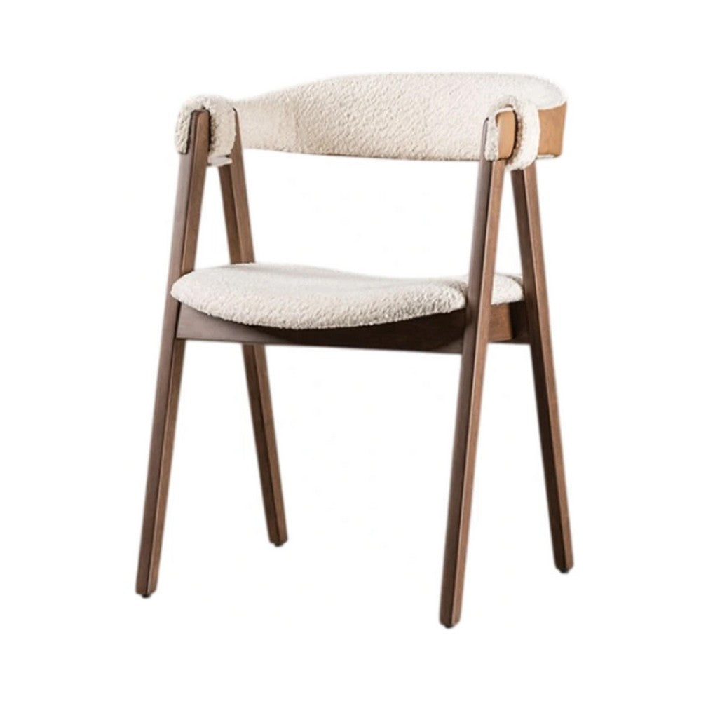 Benjara Ebik Side Dining Chair Set of 2, Curve Panel Back, Walnut Brown Wood, Beige Boucle
