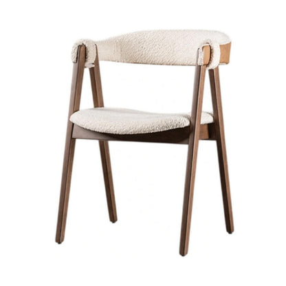 Benjara Ebik Side Dining Chair Set of 2, Curve Panel Back, Walnut Brown Wood, Beige Boucle
