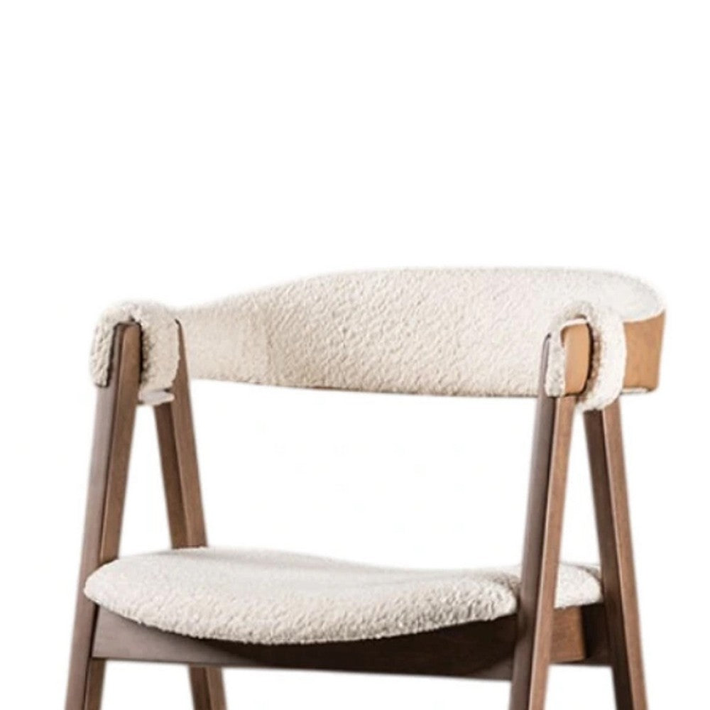 Benjara Ebik Side Dining Chair Set of 2, Curve Panel Back, Walnut Brown Wood, Beige Boucle