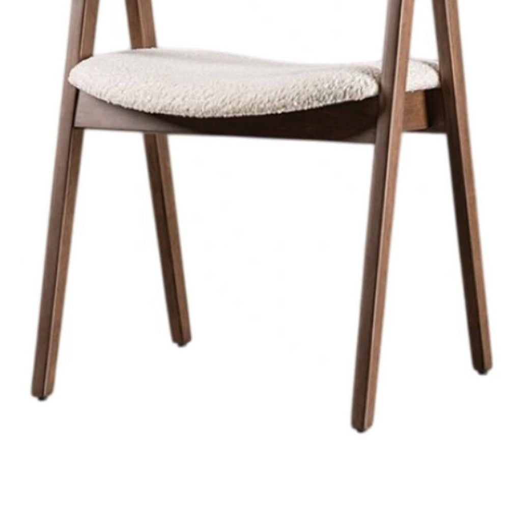 Benjara Ebik Side Dining Chair Set of 2, Curve Panel Back, Walnut Brown Wood, Beige Boucle