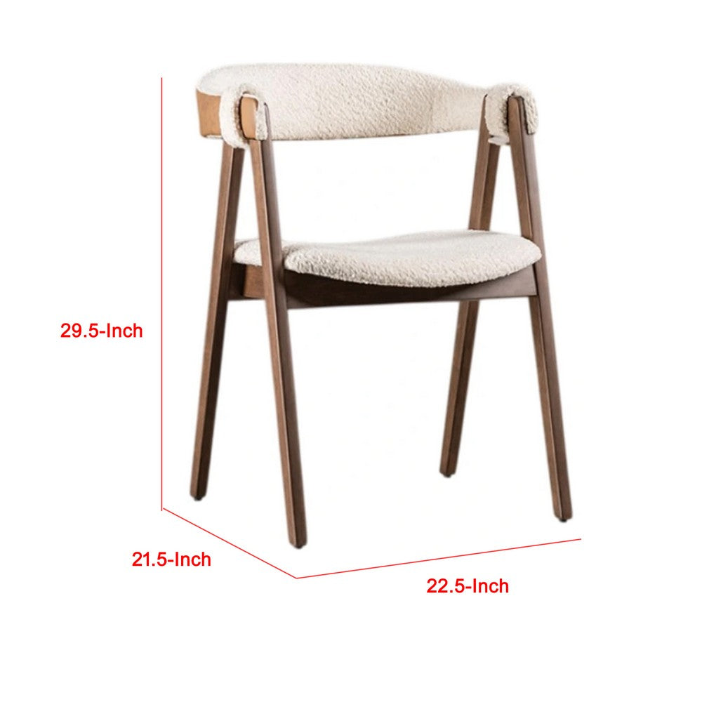 Benjara Ebik Side Dining Chair Set of 2, Curve Panel Back, Walnut Brown Wood, Beige Boucle