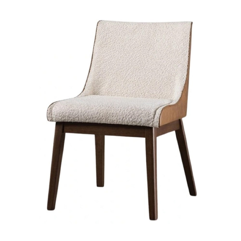 Benjara Iken Side Dining Chair Set of 2, Curved Panel Back, Walnut Brown Wood, Beige