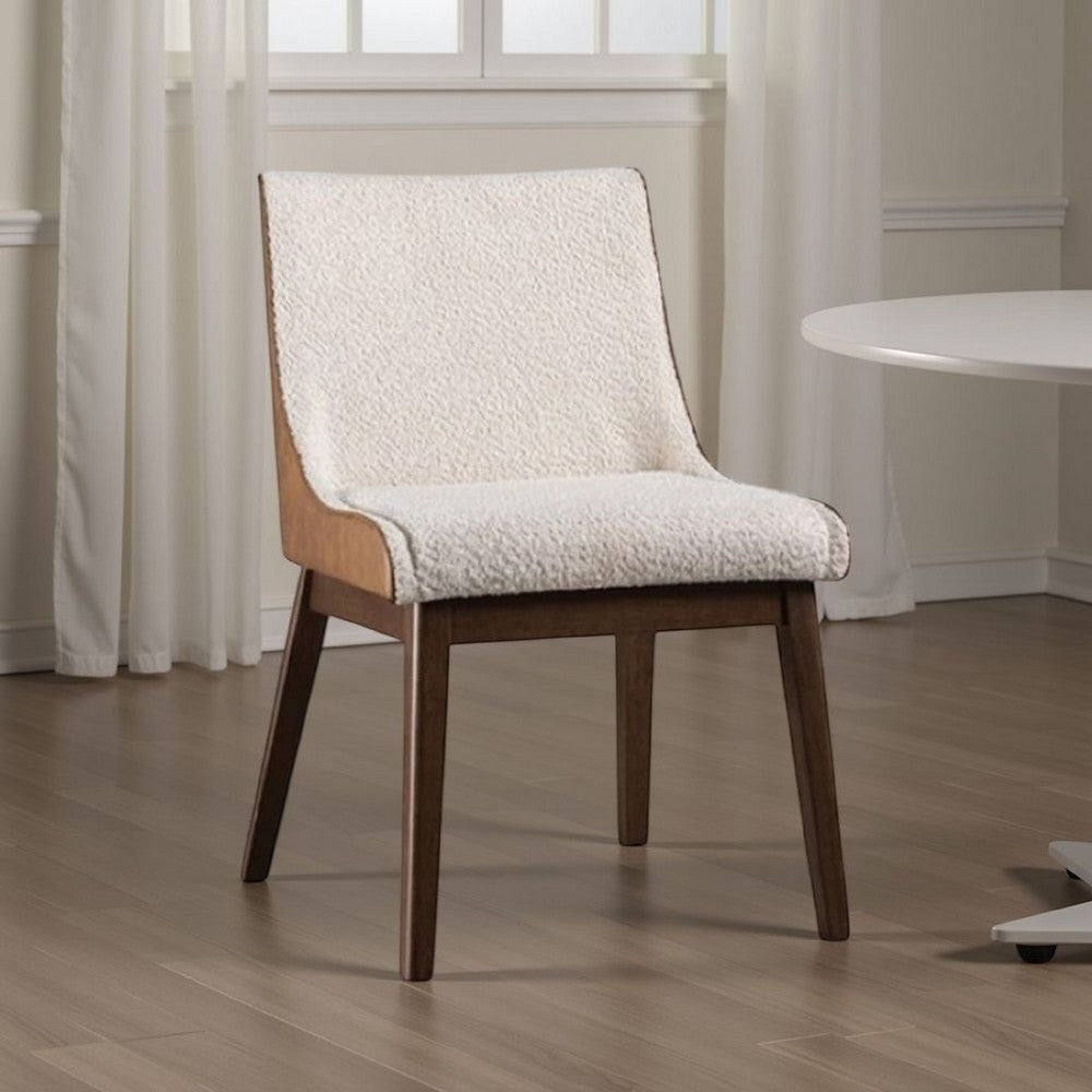 Benjara Iken Side Dining Chair Set of 2, Curved Panel Back, Walnut Brown Wood, Beige