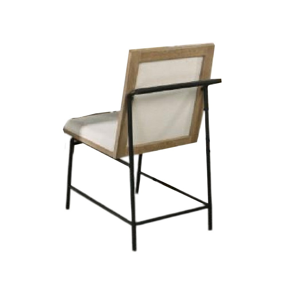 Benjara Edey Side Dining Chair Set of 2, Metal Legs, Oak Brown Rubberwood, Beige Polyester
