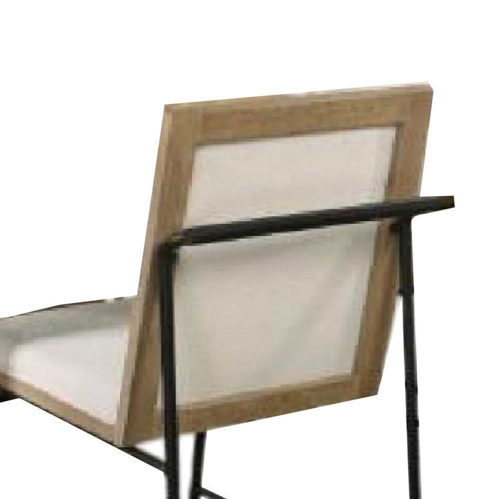 Benjara Edey Side Dining Chair Set of 2, Metal Legs, Oak Brown Rubberwood, Beige Polyester