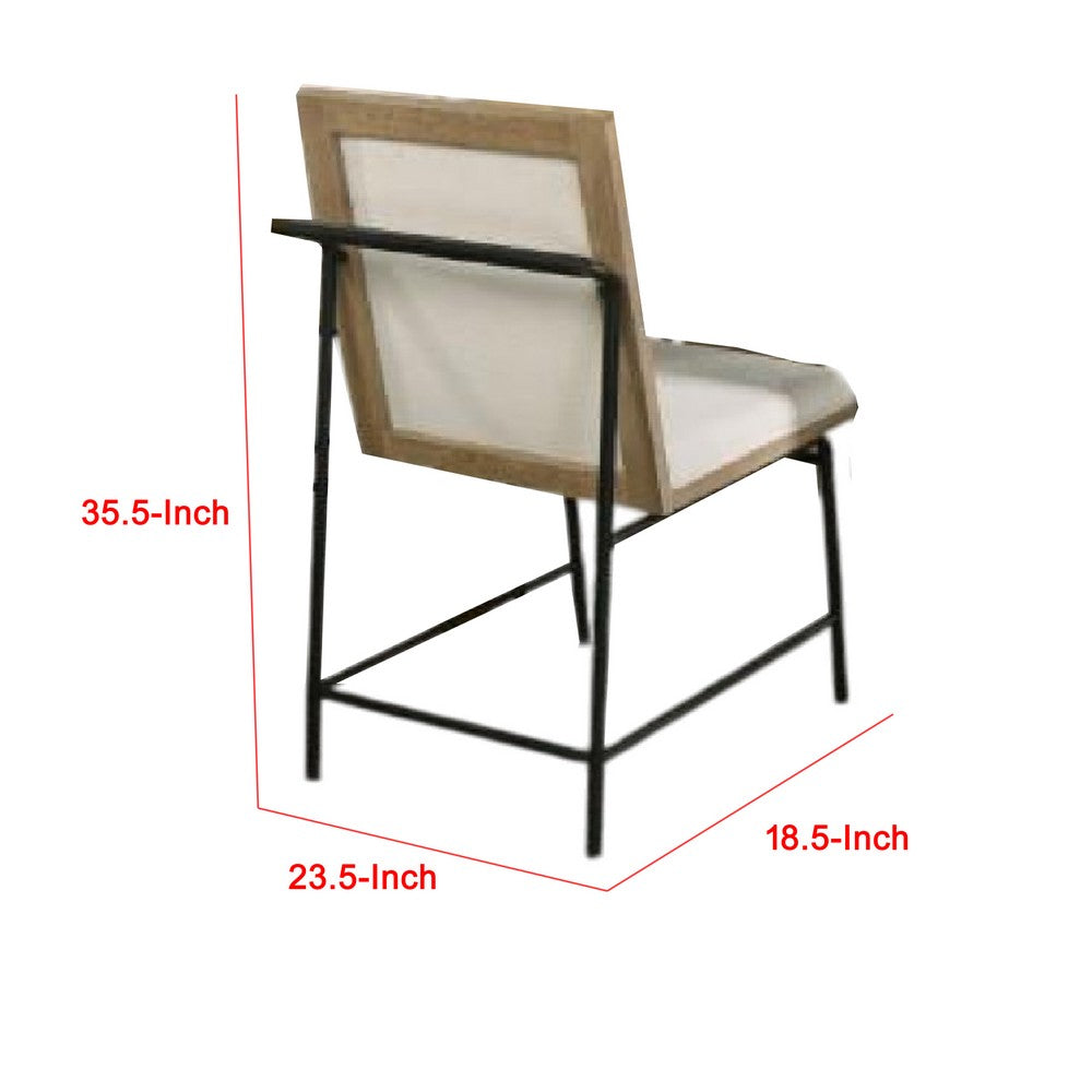 Benjara Edey Side Dining Chair Set of 2, Metal Legs, Oak Brown Rubberwood, Beige Polyester