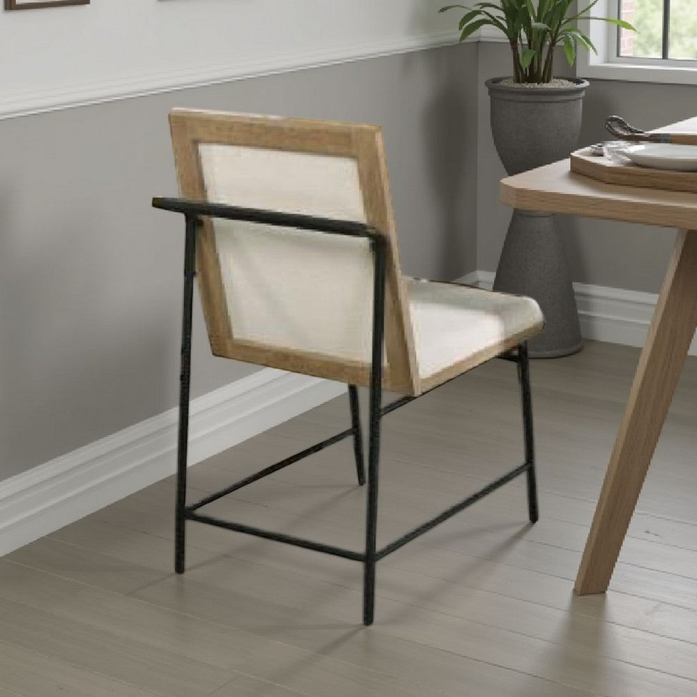 Benjara Edey Side Dining Chair Set of 2, Metal Legs, Oak Brown Rubberwood, Beige Polyester