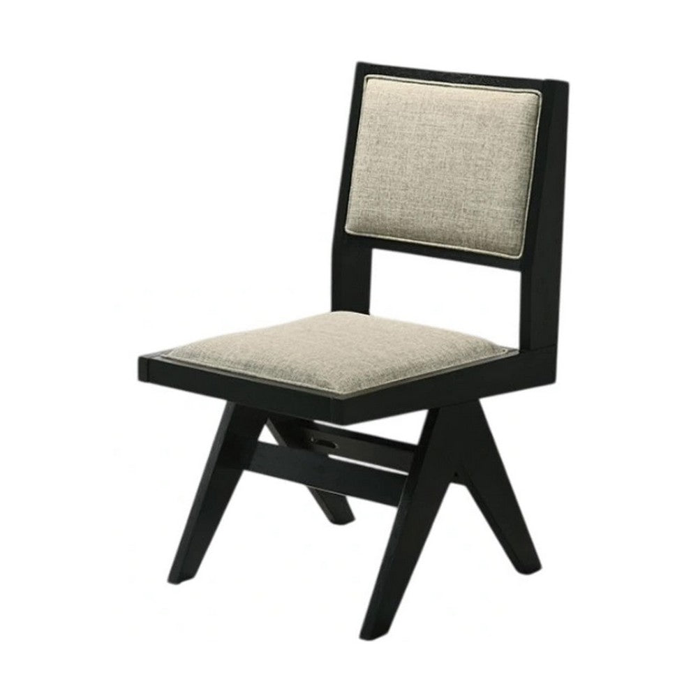 Benjara Toty Side Dining Chair Set of 2, Inverted Angled Legs, Black Wood, Gray Fabric