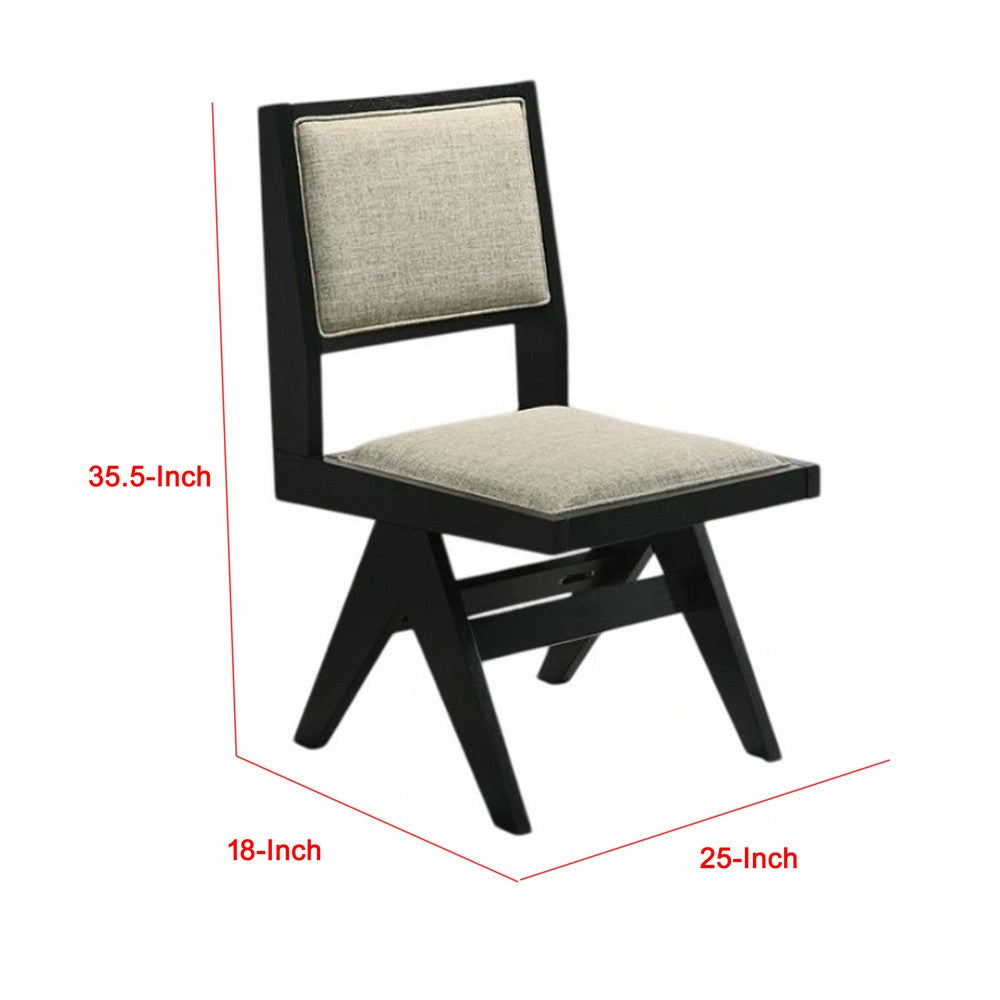 Benjara Toty Side Dining Chair Set of 2, Inverted Angled Legs, Black Wood, Gray Fabric