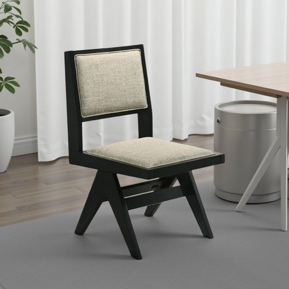 Benjara Toty Side Dining Chair Set of 2, Inverted Angled Legs, Black Wood, Gray Fabric