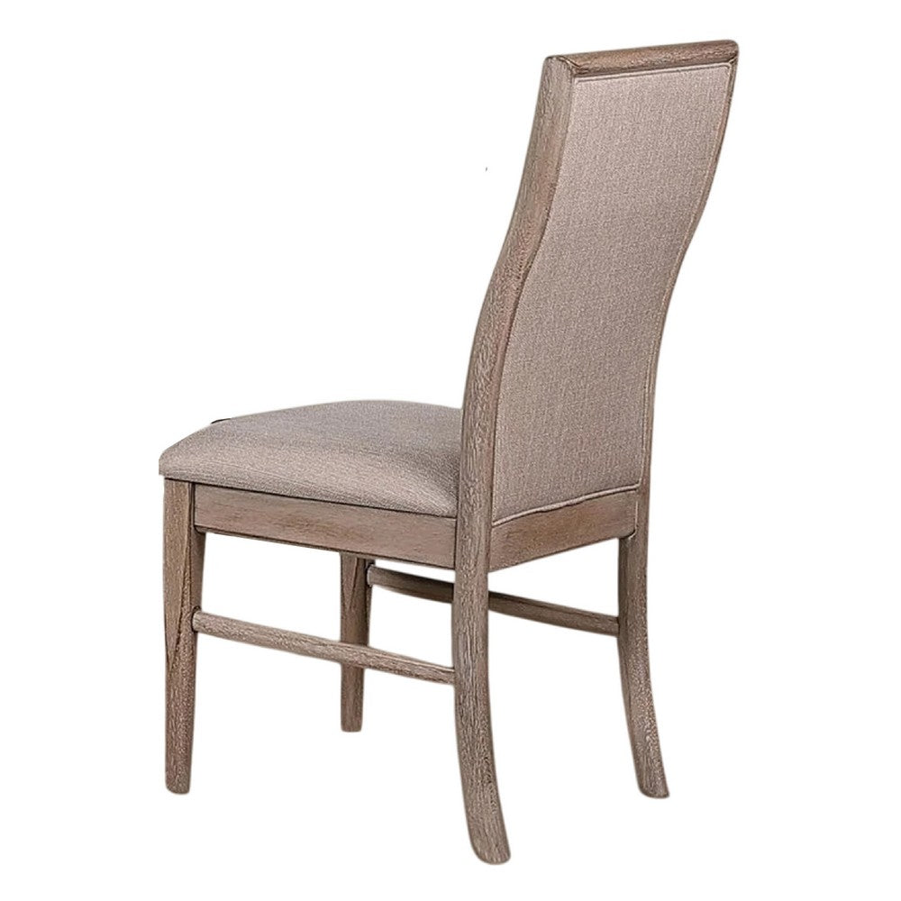 Benjara Elles Side Dining Chair Set of 2, Curved Backrest, Ash Wood, Beige Polyester