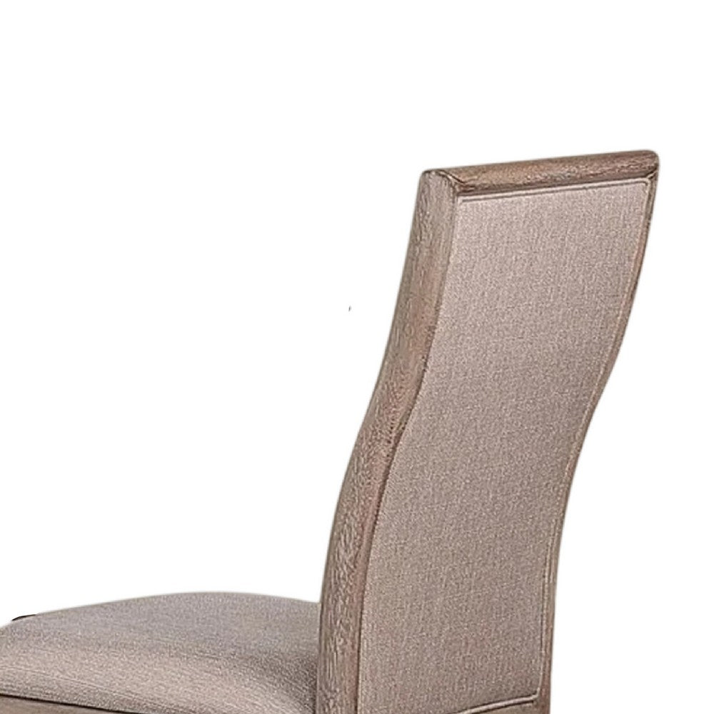 Benjara Elles Side Dining Chair Set of 2, Curved Backrest, Ash Wood, Beige Polyester
