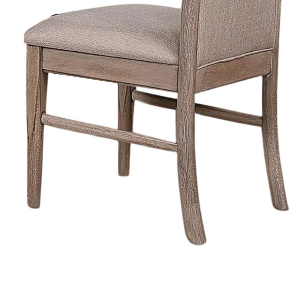 Benjara Elles Side Dining Chair Set of 2, Curved Backrest, Ash Wood, Beige Polyester