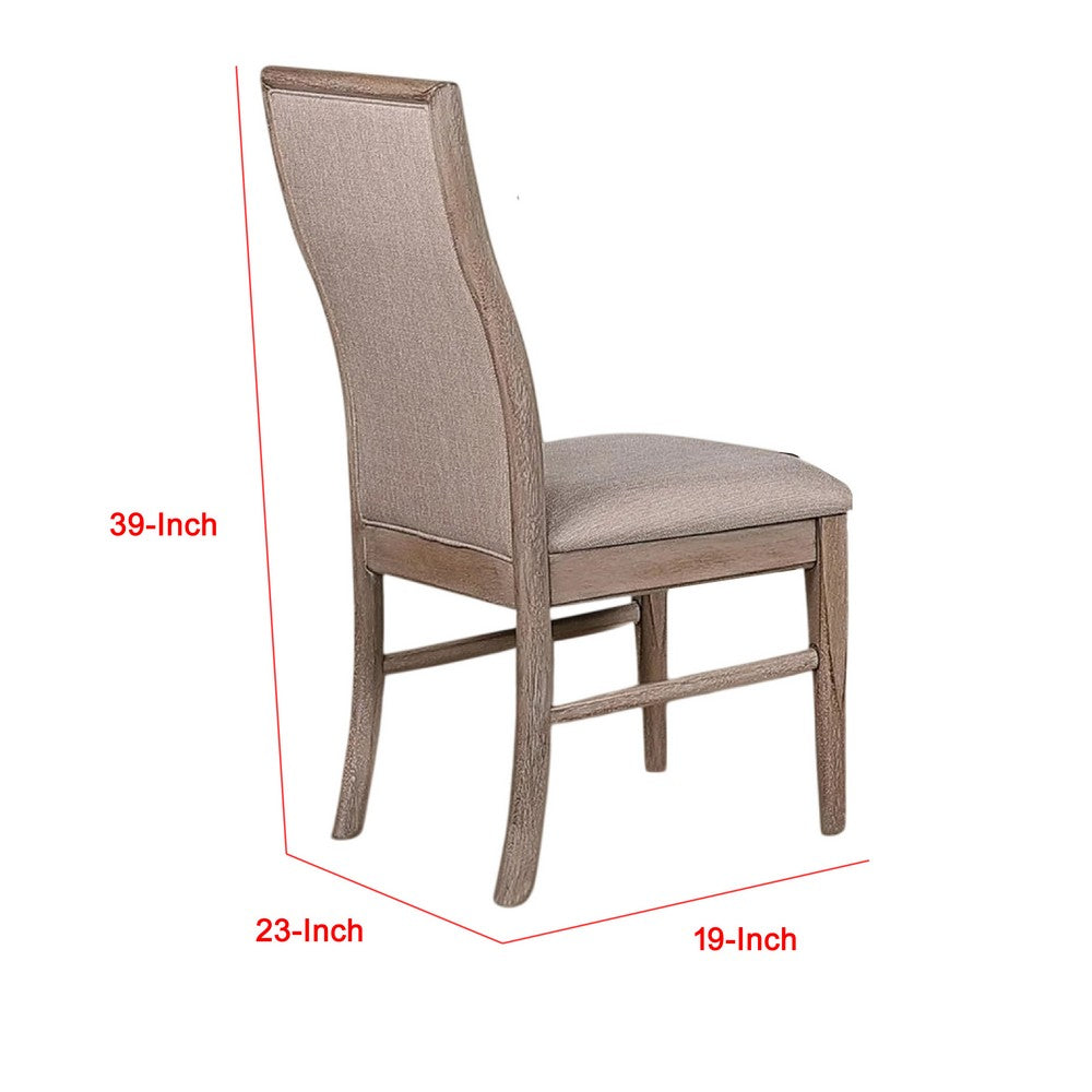 Benjara Elles Side Dining Chair Set of 2, Curved Backrest, Ash Wood, Beige Polyester