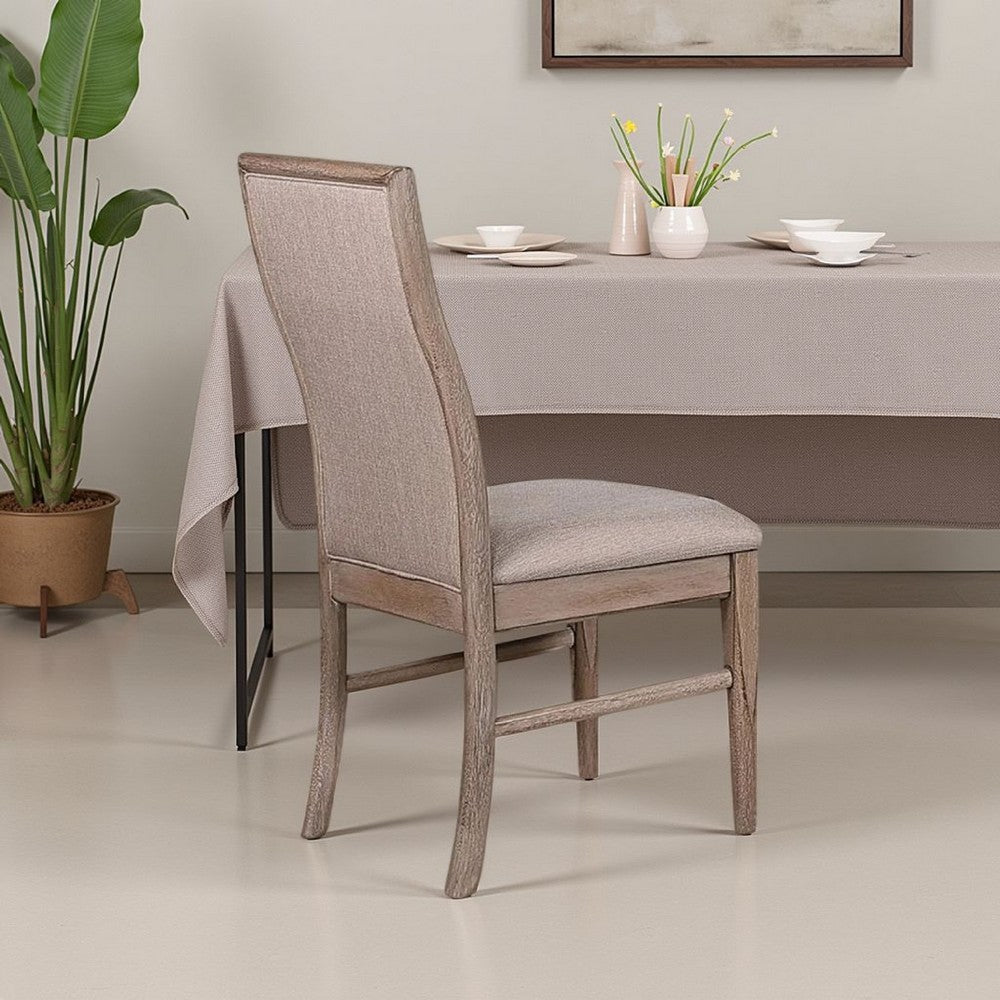 Benjara Elles Side Dining Chair Set of 2, Curved Backrest, Ash Wood, Beige Polyester