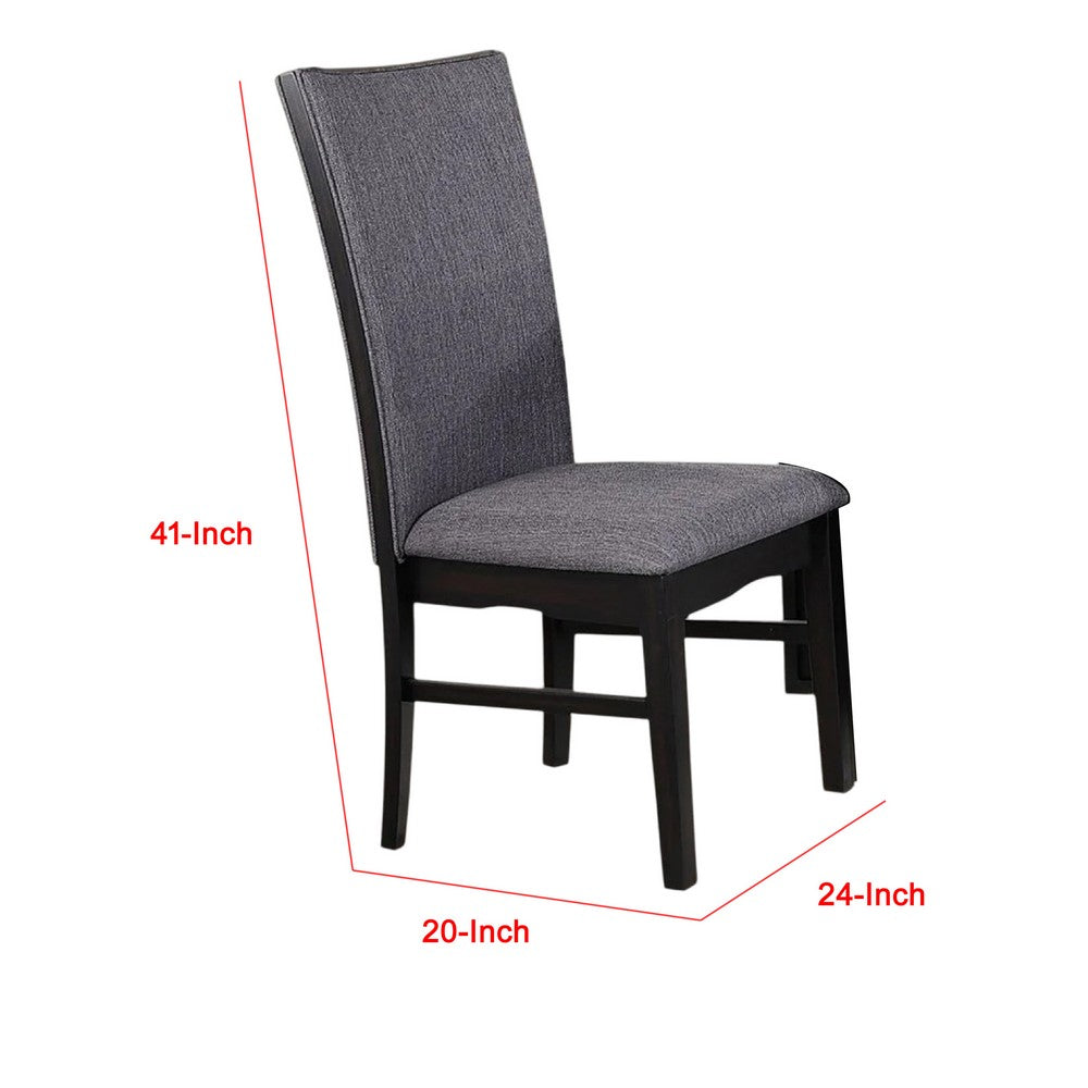 Benjara Easin Side Dining Chair Set of 2, Gray Polyester Contoured Back, Black Rubberwood