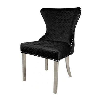 Benjara Anova Side Dining Chair Set of 2, Rivet Trim, Silver Stainless Steel, Black Fabric