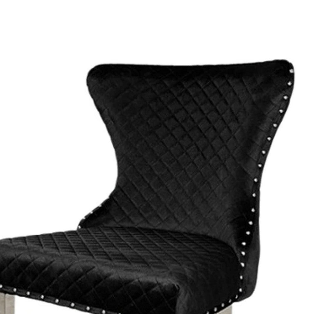 Benjara Anova Side Dining Chair Set of 2, Rivet Trim, Silver Stainless Steel, Black Fabric