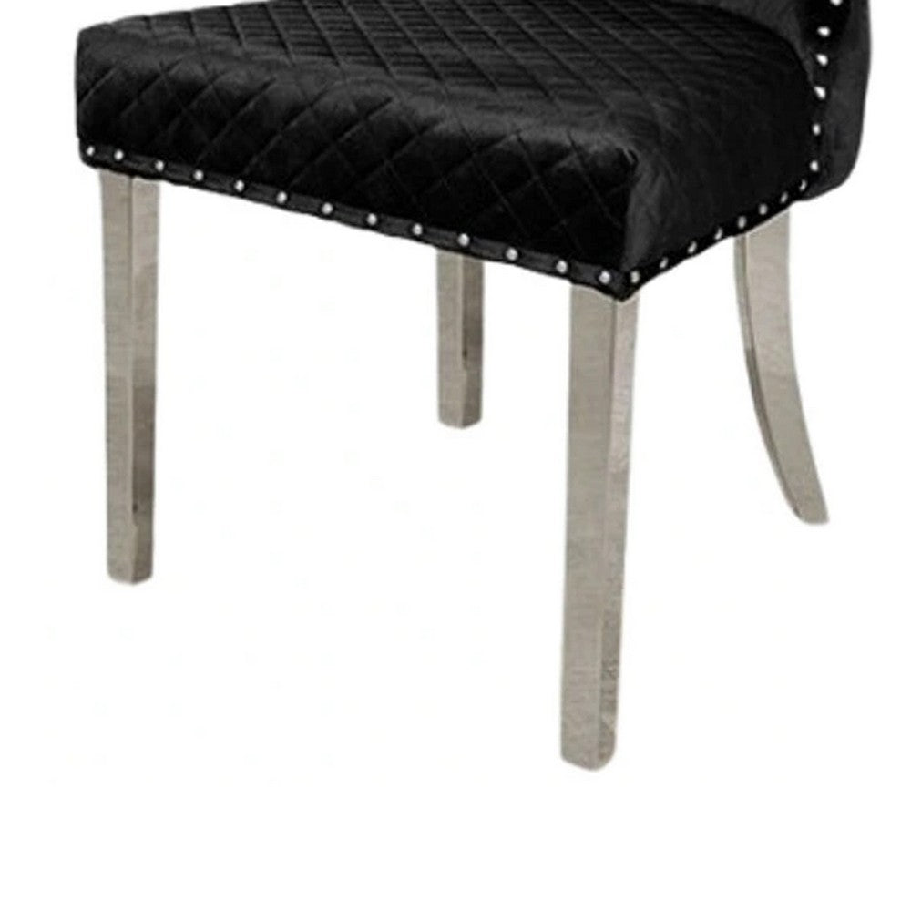 Benjara Anova Side Dining Chair Set of 2, Rivet Trim, Silver Stainless Steel, Black Fabric