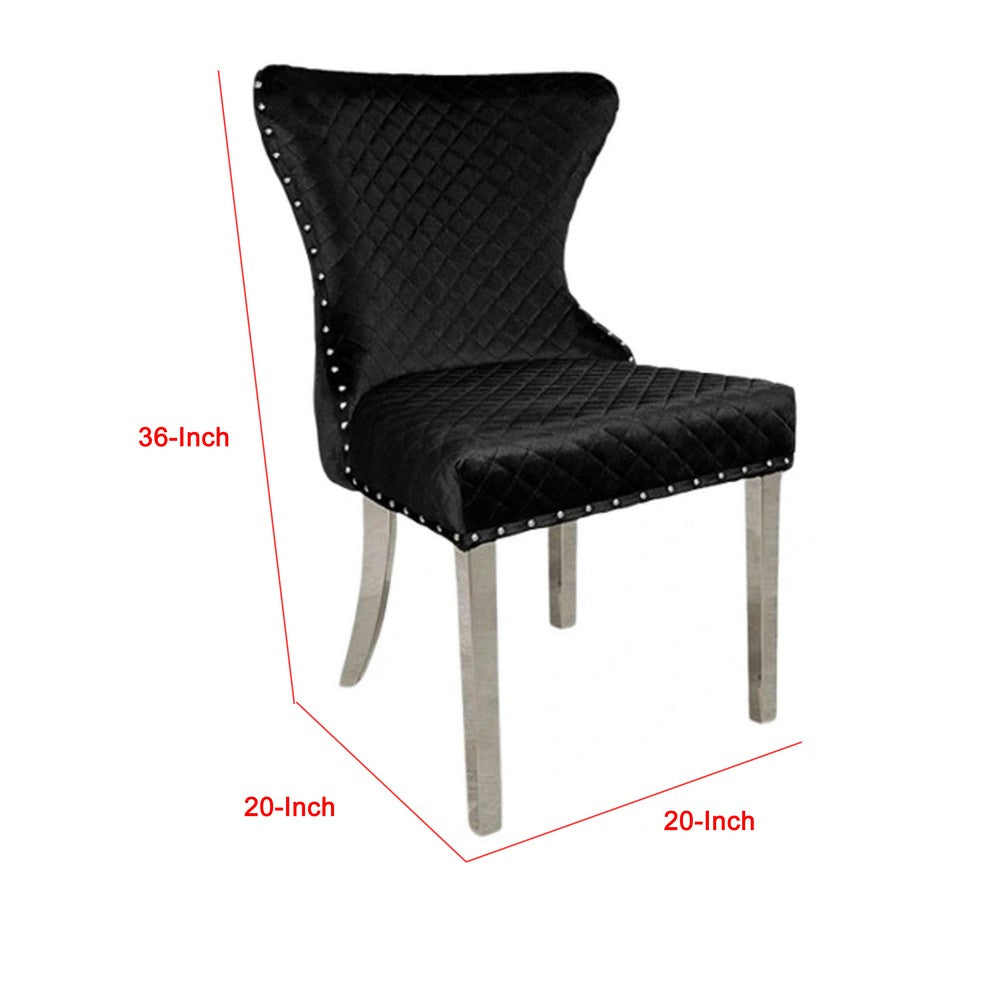 Benjara Anova Side Dining Chair Set of 2, Rivet Trim, Silver Stainless Steel, Black Fabric