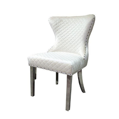 Benjara Anova Side Dining Chair Set of 2, Rivet Trim, Silver Stainless Steel, White Fabric