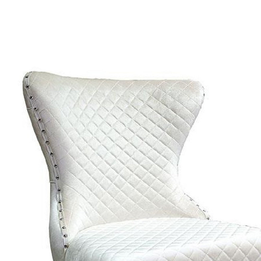 Benjara Anova Side Dining Chair Set of 2, Rivet Trim, Silver Stainless Steel, White Fabric