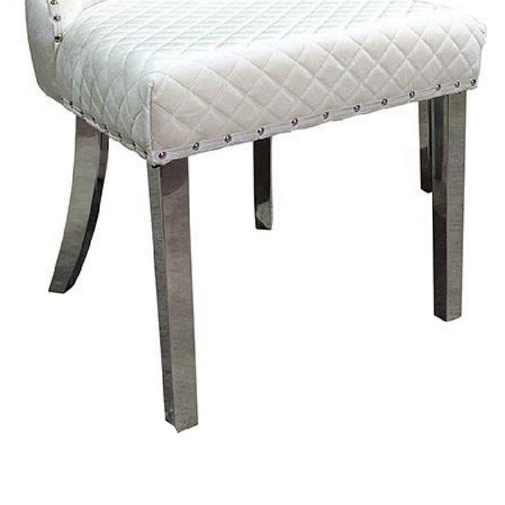 Benjara Anova Side Dining Chair Set of 2, Rivet Trim, Silver Stainless Steel, White Fabric
