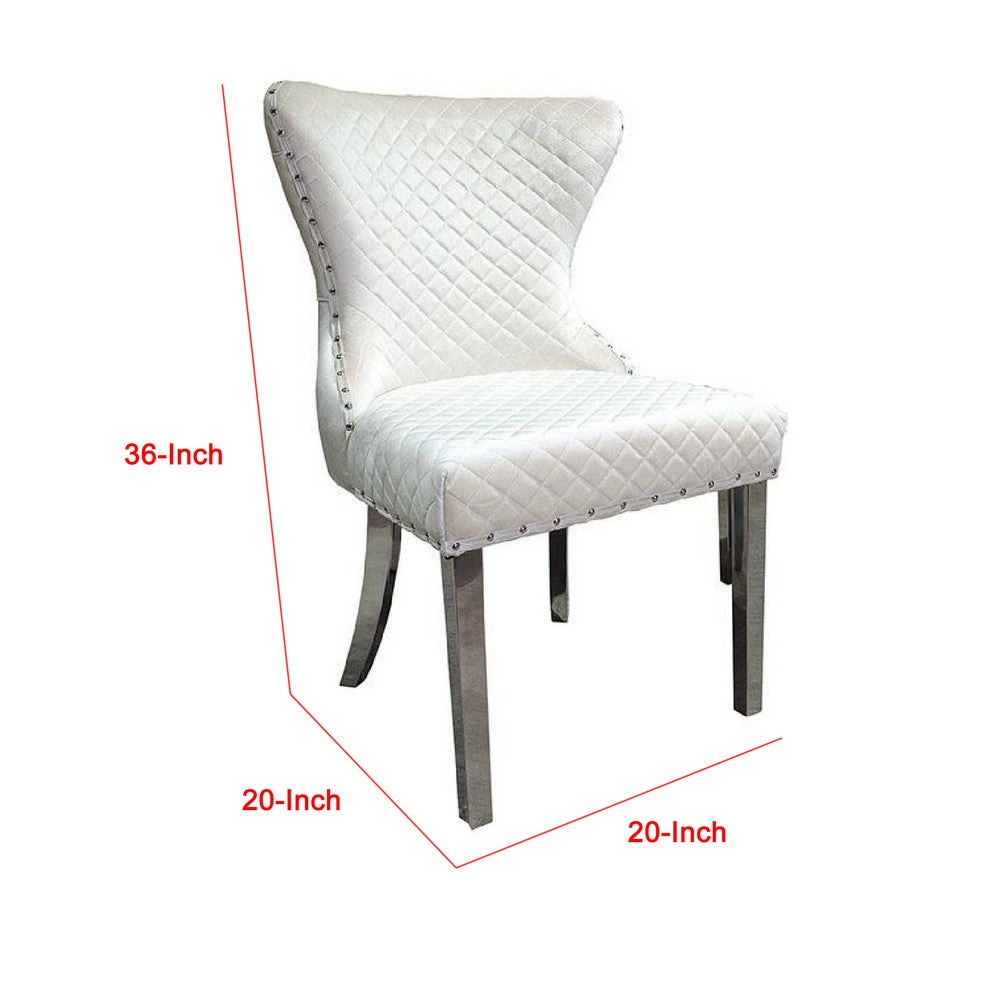 Benjara Anova Side Dining Chair Set of 2, Rivet Trim, Silver Stainless Steel, White Fabric