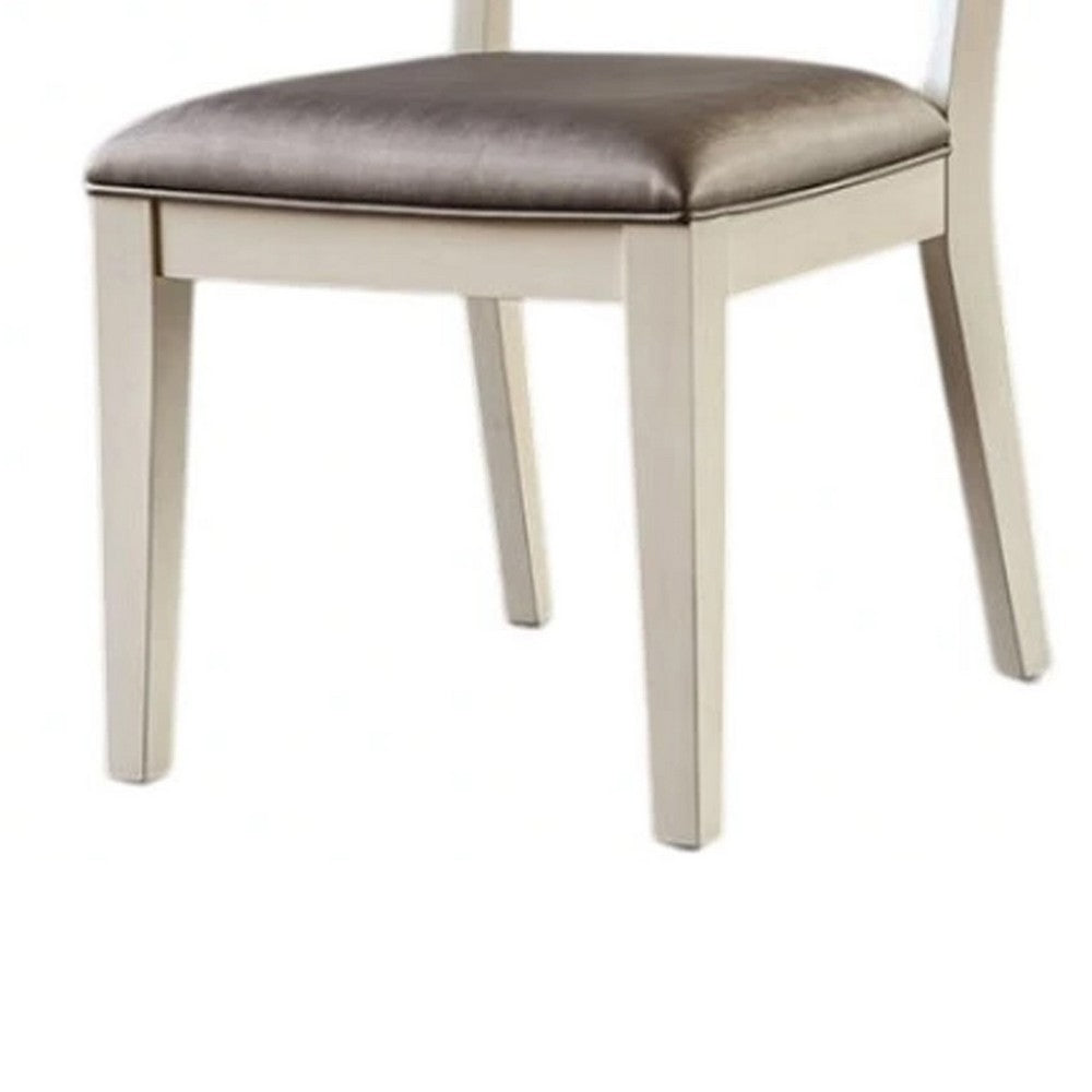 Benjara Witzy Side Dining Chair Set of 2, Faceted Panel Back, White Wood, Gray