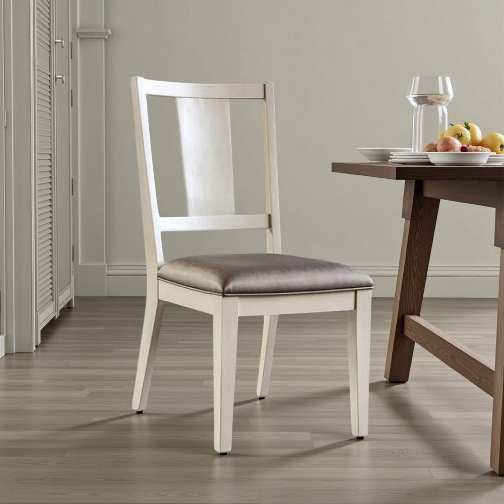 Benjara Witzy Side Dining Chair Set of 2, Faceted Panel Back, White Wood, Gray