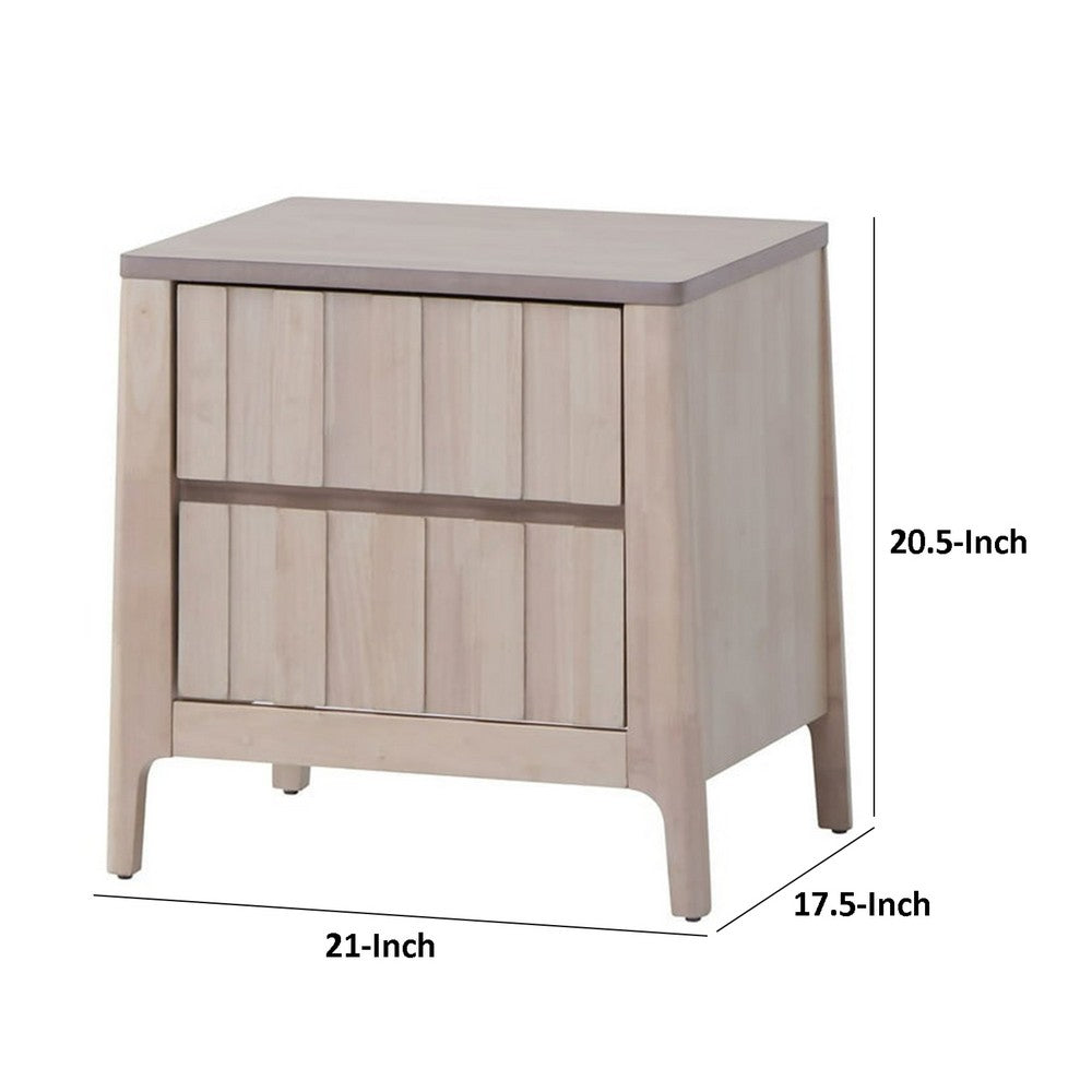 Benjara Vasu Nightstand, 2 Drawers, White Wash Solid Rubberwood, 21 Inch