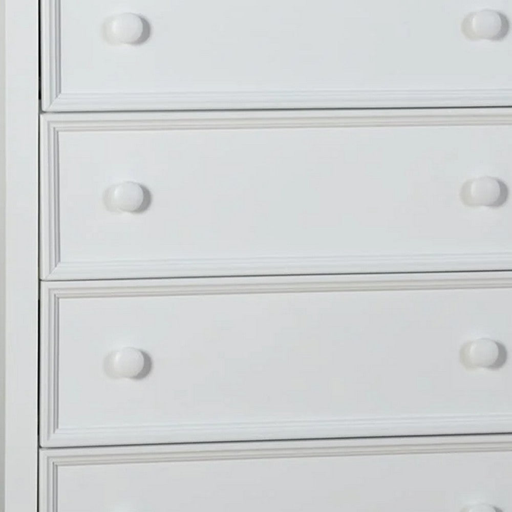 Benjara Toli Tall Dresser Chest, 5 Drawers w Round Knobs, White Solid Hardwood