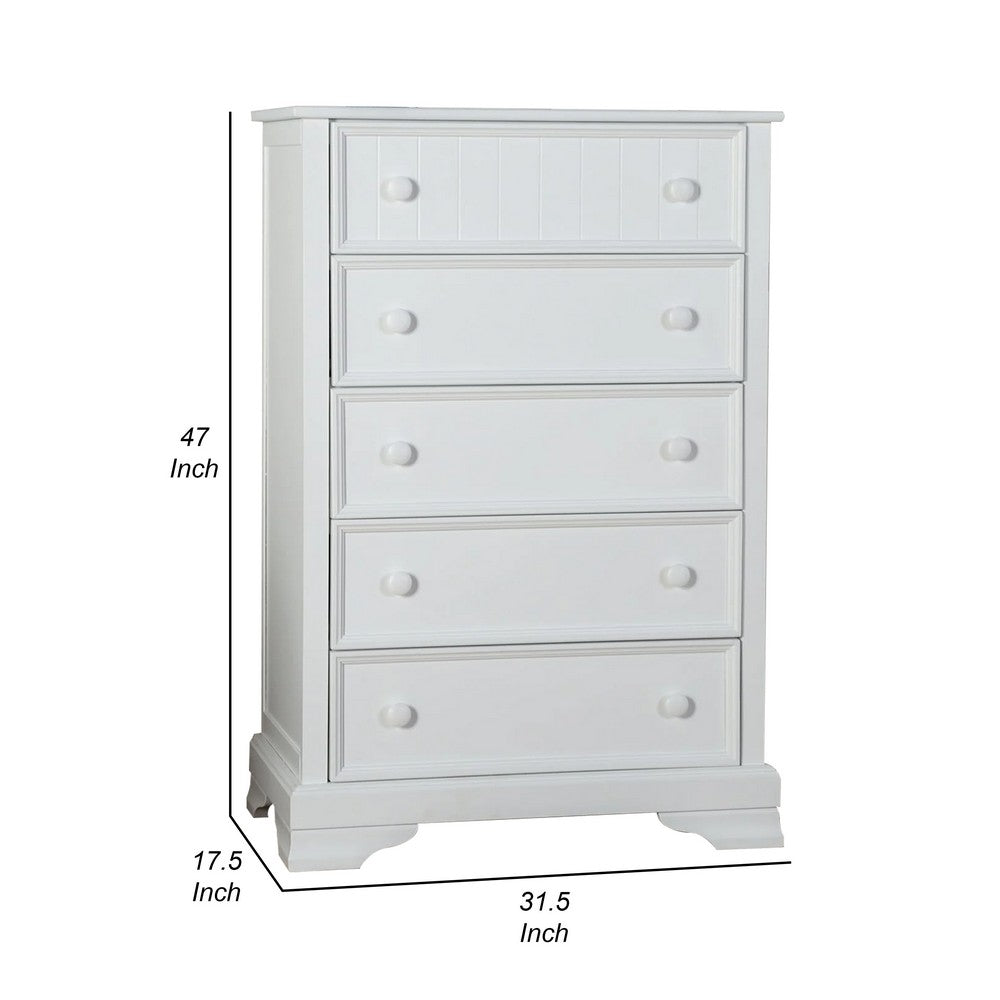Benjara Toli Tall Dresser Chest, 5 Drawers w Round Knobs, White Solid Hardwood