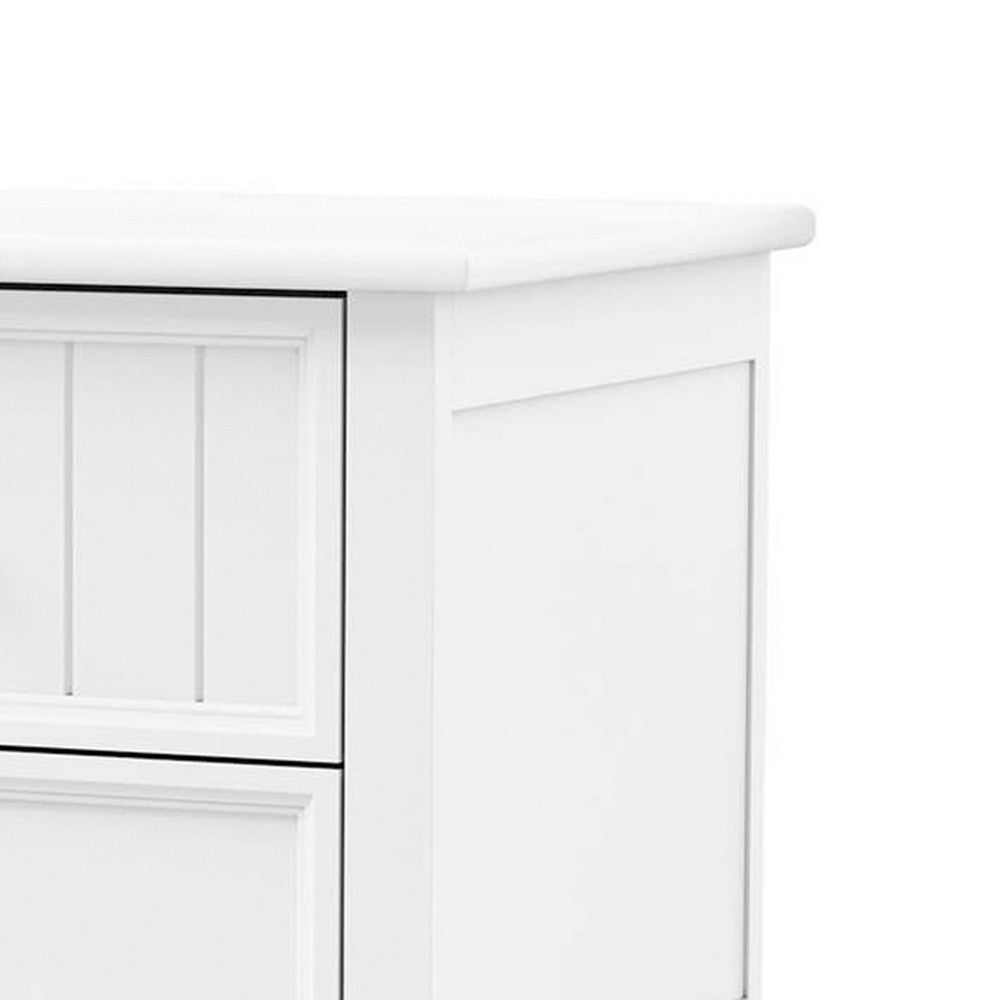 Benjara Toli Nightstand 2 Drawers w Round Knobs, White Solid Hardwood, 24 Inch