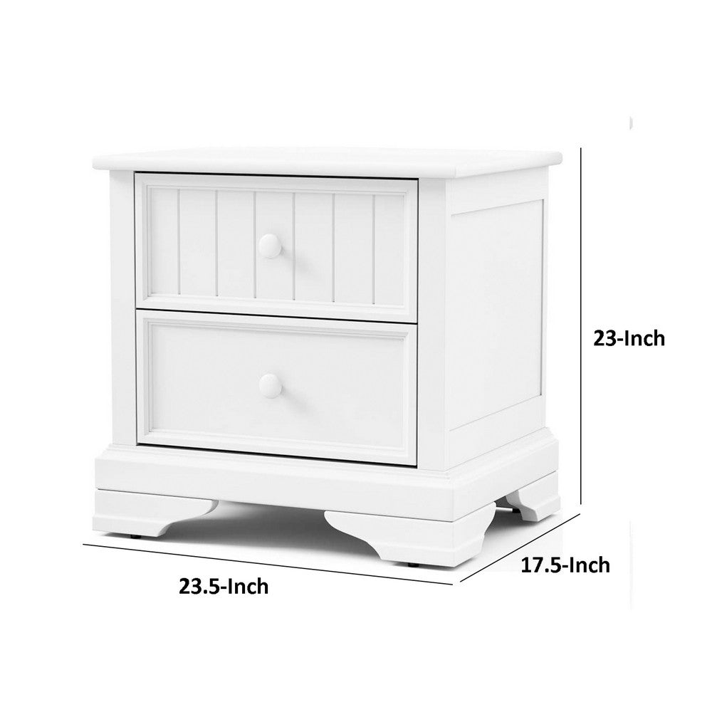 Benjara Toli Nightstand 2 Drawers w Round Knobs, White Solid Hardwood, 24 Inch