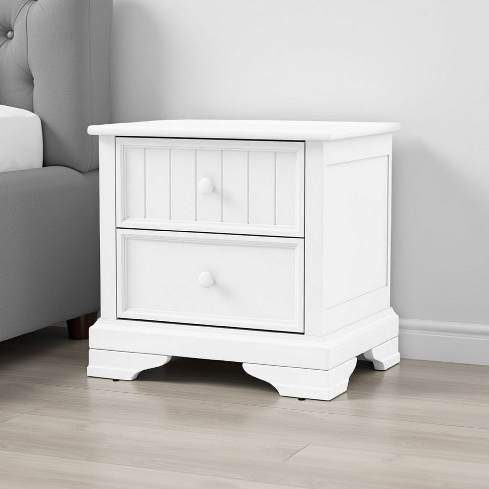 Benjara Toli Nightstand 2 Drawers w Round Knobs, White Solid Hardwood, 24 Inch