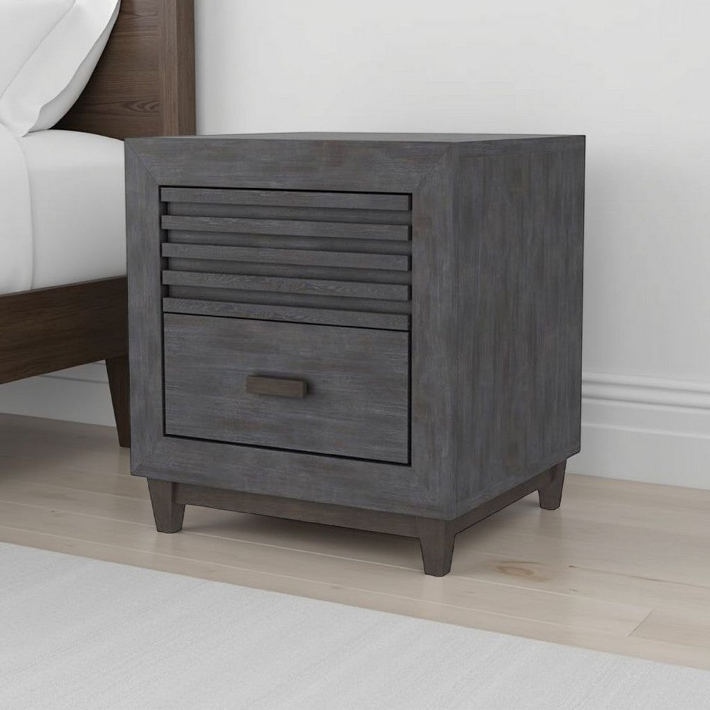 Benjara Biom Nightstand, 2 Drawers, Charcoal Brown Solid Hardwood, 24 Inch