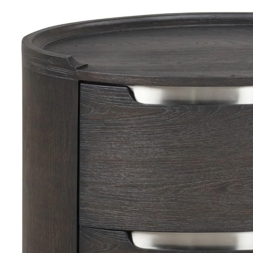 Benjara Osko Nightstand, 2 Storage Drawers, Black Poplar Wood, Nickel Trim