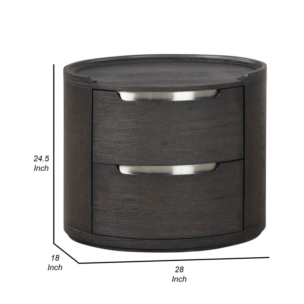 Benjara Osko Nightstand, 2 Storage Drawers, Black Poplar Wood, Nickel Trim