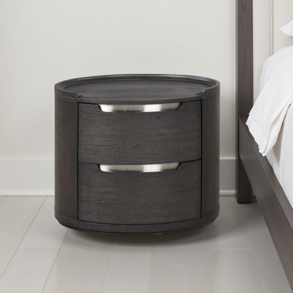 Benjara Osko Nightstand, 2 Storage Drawers, Black Poplar Wood, Nickel Trim