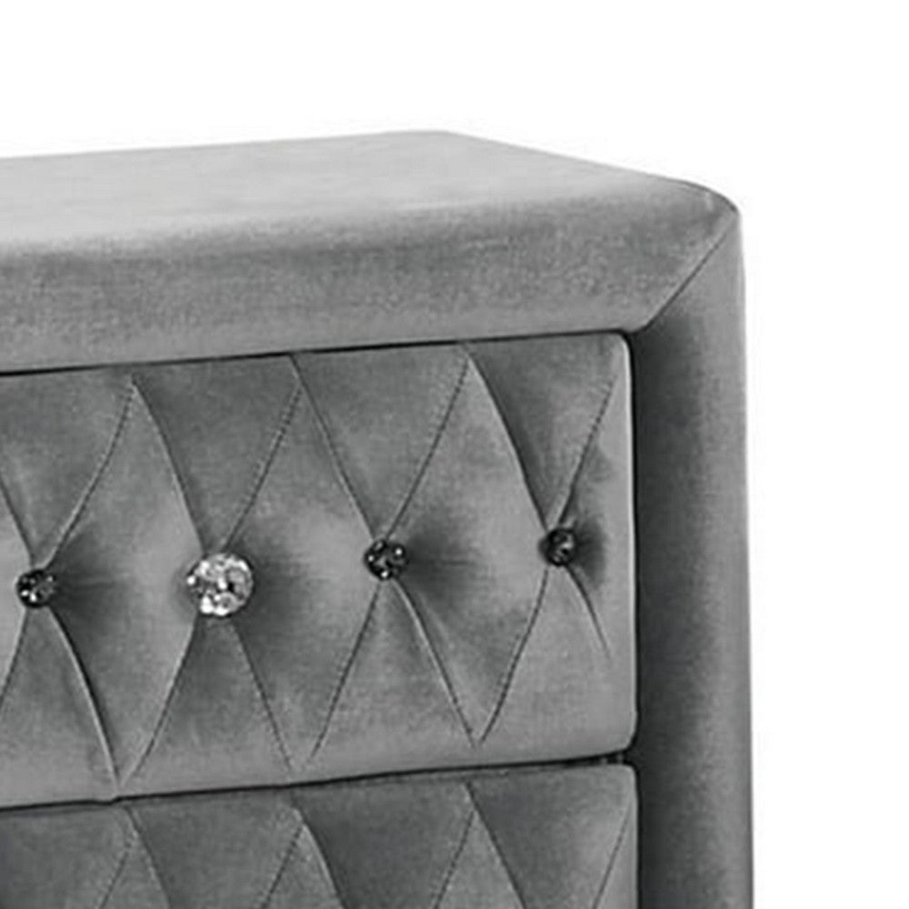Benjara Rea Nightstand, 26 Inch, 2 Drawers, Button Tufted Gray Fabric