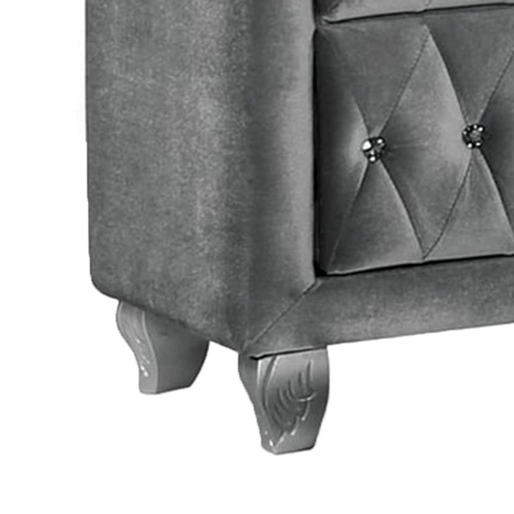 Benjara Rea Nightstand, 26 Inch, 2 Drawers, Button Tufted Gray Fabric