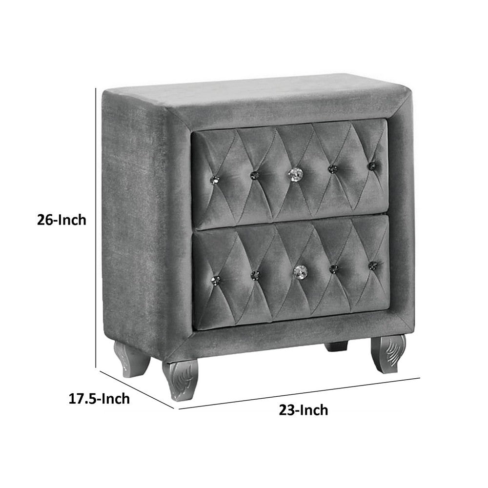 Benjara Rea Nightstand, 26 Inch, 2 Drawers, Button Tufted Gray Fabric