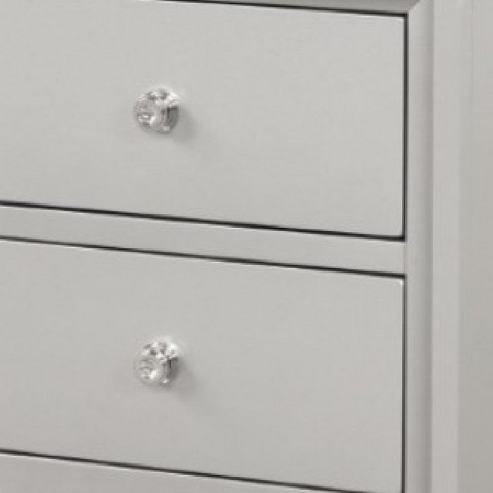 Benjara Broy Nightstand, 2 Drawers, Crystal Knobs, Champagne Gray Wood 25 Inch