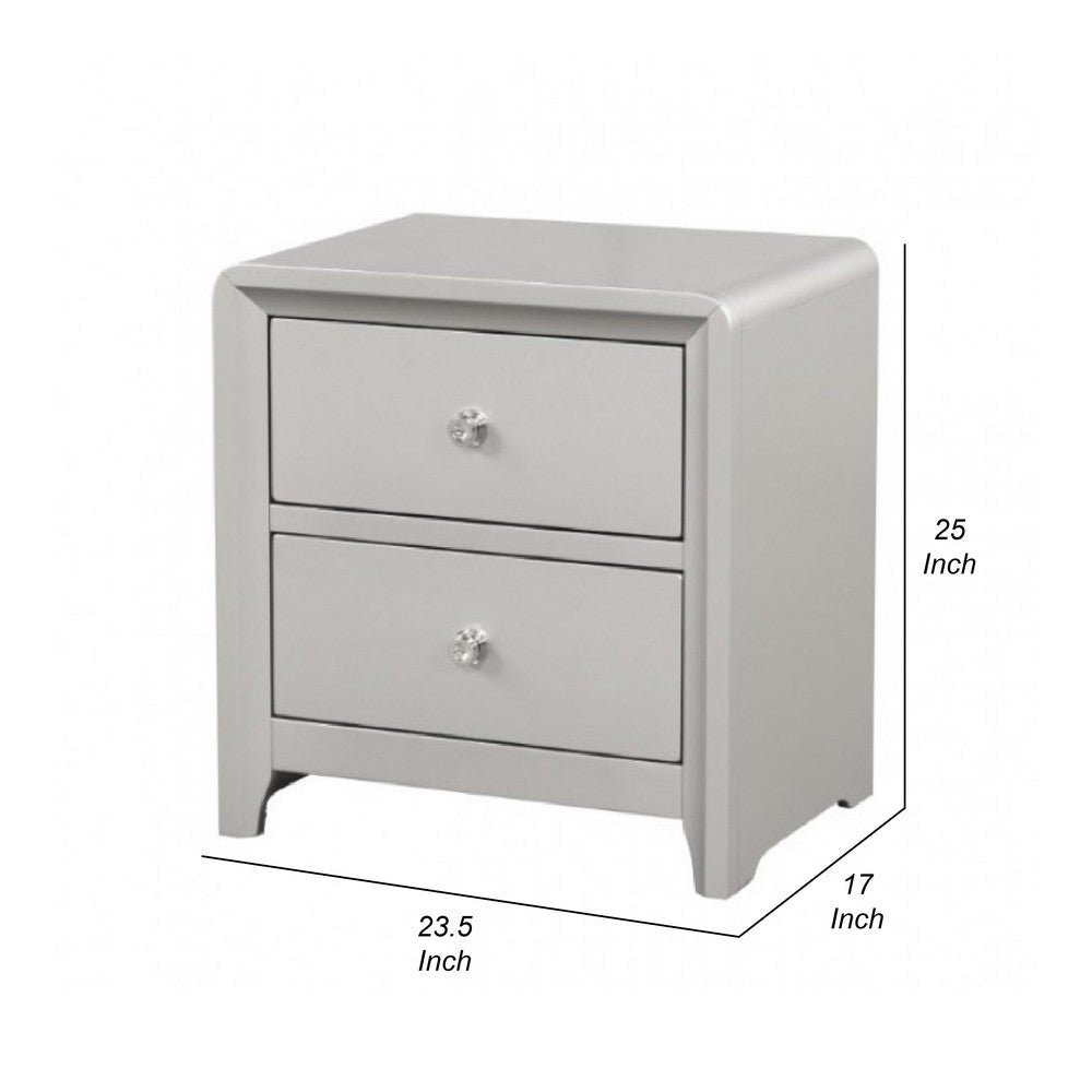 Benjara Broy Nightstand, 2 Drawers, Crystal Knobs, Champagne Gray Wood 25 Inch