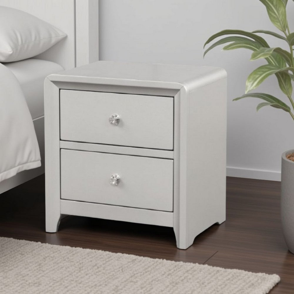 Benjara Broy Nightstand, 2 Drawers, Crystal Knobs, Champagne Gray Wood 25 Inch