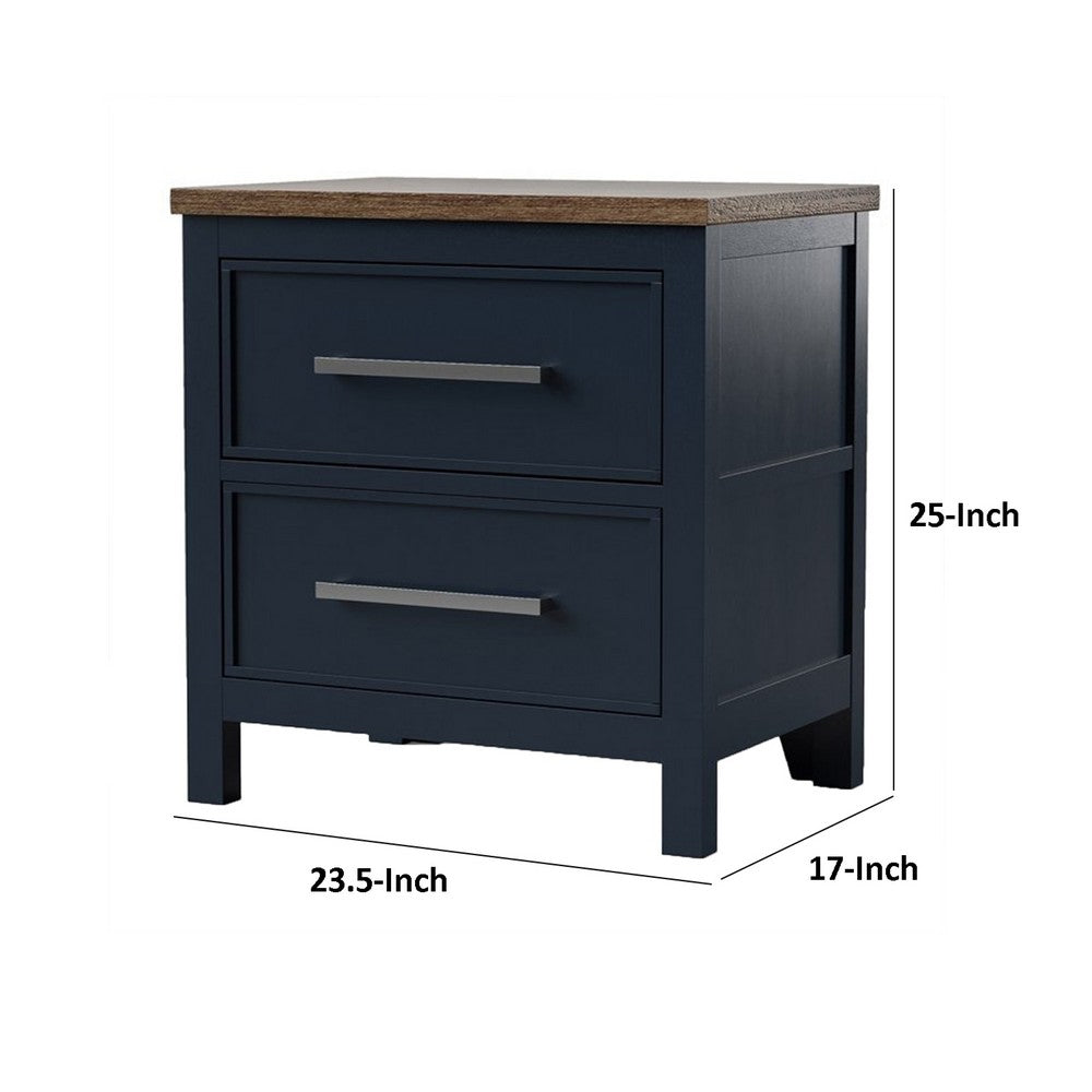 Benjara Tela Nightstand, 2 Drawers, Metal Handles, 25 Inch Blue Solid Pinewood