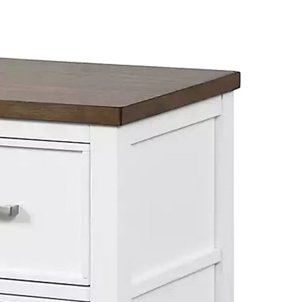 Benjara Tela Nightstand, 2 Drawers, Metal Handles, 25 Inch, White Pinewood