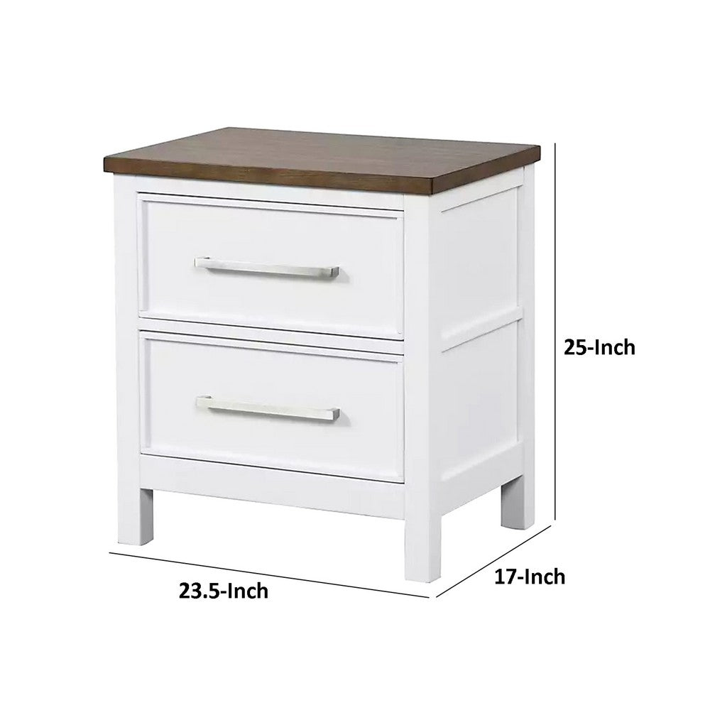 Benjara Tela Nightstand, 2 Drawers, Metal Handles, 25 Inch, White Pinewood